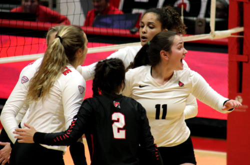 Senior Amber Seaman, Number 11, expresses her joy as Ball State earns a point in the Ball State vs. Buffalo Women's volleyball game in Worthern Arena, in Muncie, IN on Saturday, November 2, 2019. (Jennifer McGowen/J 235).