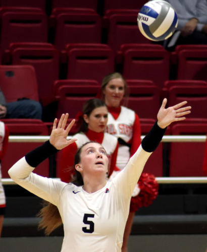 Freshman Marie Plitt serves the volleyball in the Ball State vs. Buffalo Women's volleyball game in Muncie, IN on Saturday, November 2, 2019. (Jennifer McGowen/J 235).